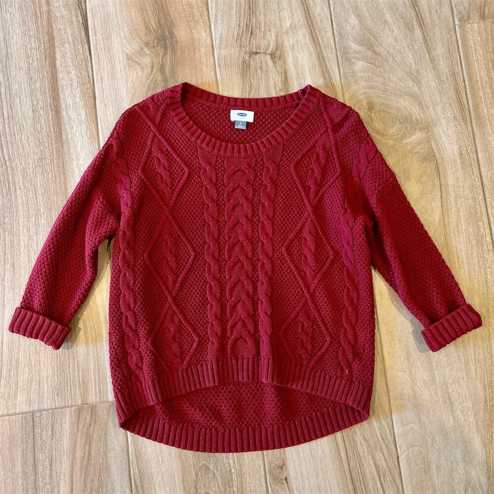 Old Navy Sweater Womens L Burgundy Cable Knit Pullover Crew Neck Hi-Low